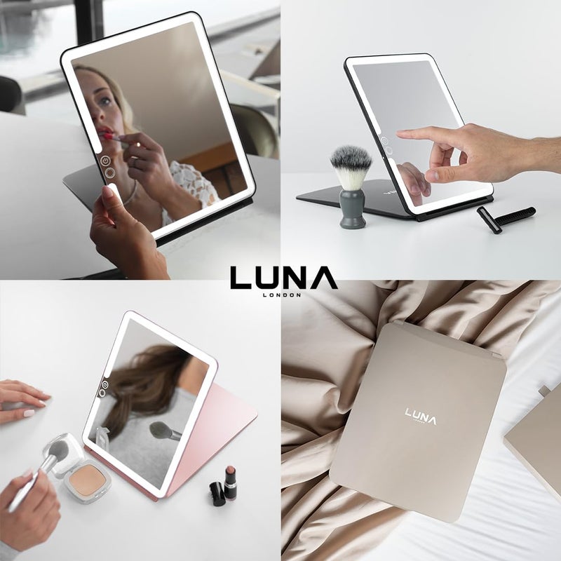 LUNA London LUNA London Eclipse LED Lighted Travel Vanity Makeup Mirror | 3 Colour Light, Compact, Portable, Lighted, Rechargeable, Illuminated Mirror | Perfect for Travel, Makeup & Beauty Needs | Rose Gold  - Image 2