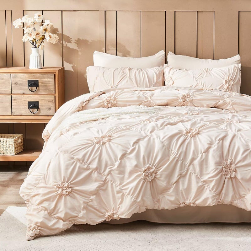 Jameswish Beige Comforter Set Queen Size Bed in A Bag 7 Piece Pinch Pleat Bedding Set, Pintuck Ruched Flowers Bed Set with Comforter, Sheets, Pillowcases & Shams - Image 1