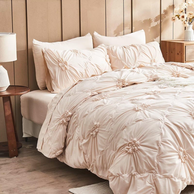 Jameswish Beige Comforter Set Queen Size Bed in A Bag 7 Piece Pinch Pleat Bedding Set, Pintuck Ruched Flowers Bed Set with Comforter, Sheets, Pillowcases & Shams - Image 2