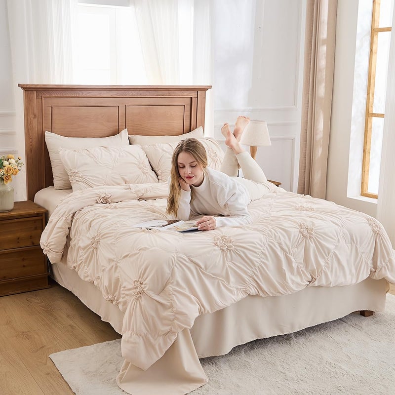 Jameswish Beige Comforter Set Queen Size Bed in A Bag 7 Piece Pinch Pleat Bedding Set, Pintuck Ruched Flowers Bed Set with Comforter, Sheets, Pillowcases & Shams - Image 3