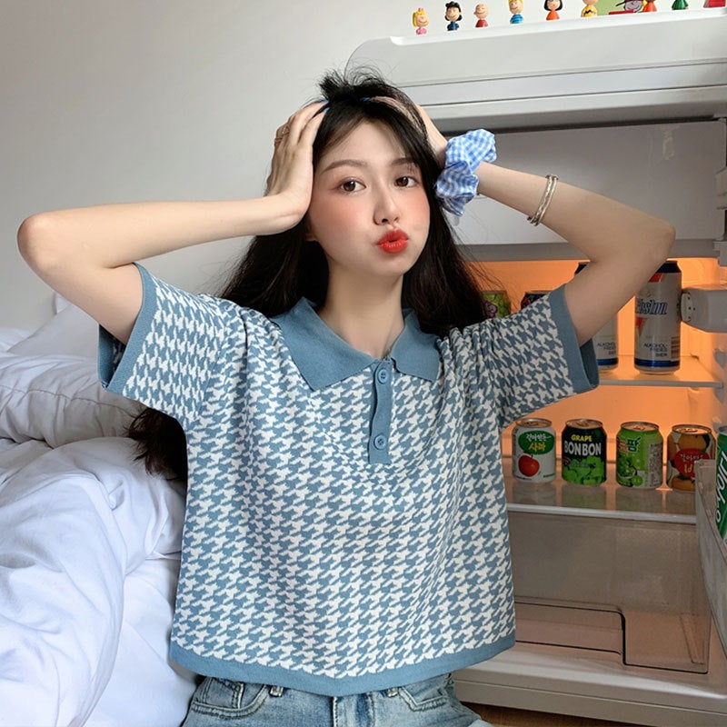 T-Shirt for Women 2025 New Summer Korean Style Design Niche Polo Collar Short Knitted Short-Sleeved Loose Top - Image 4