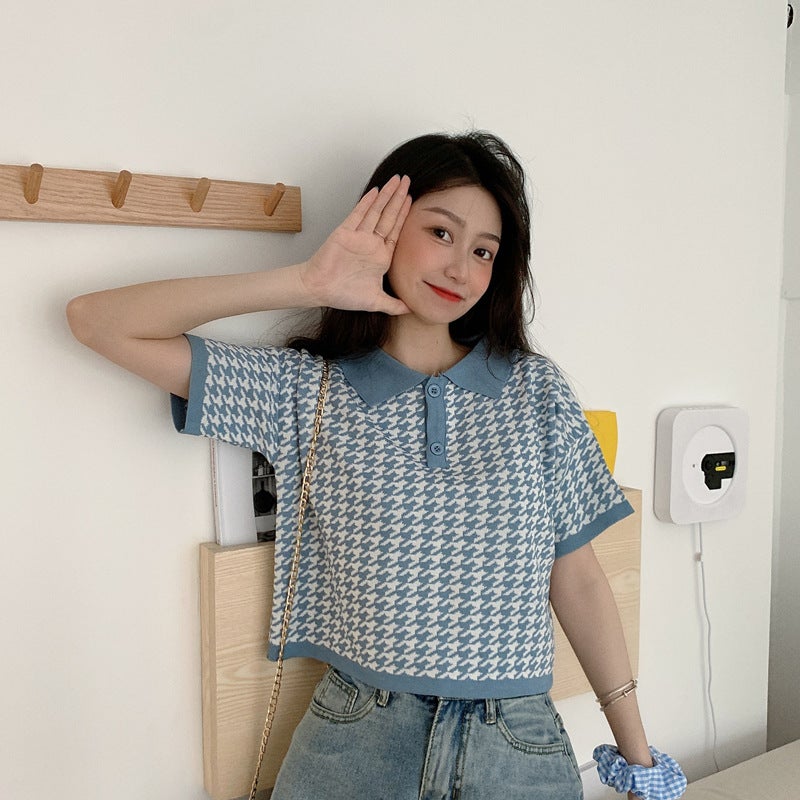 T-Shirt for Women 2025 New Summer Korean Style Design Niche Polo Collar Short Knitted Short-Sleeved Loose Top - Image 5