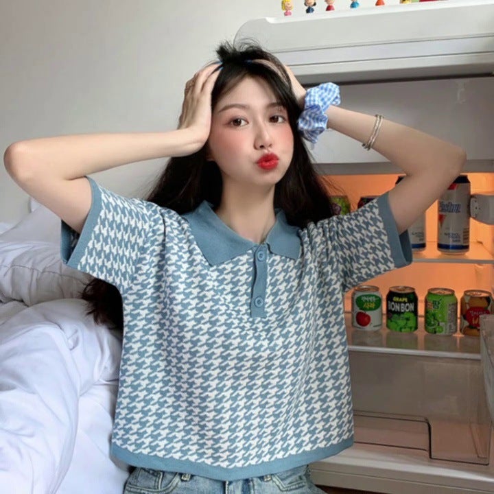 T-Shirt for Women 2025 New Summer Korean Style Design Niche Polo Collar Short Knitted Short-Sleeved Loose Top - Image 2