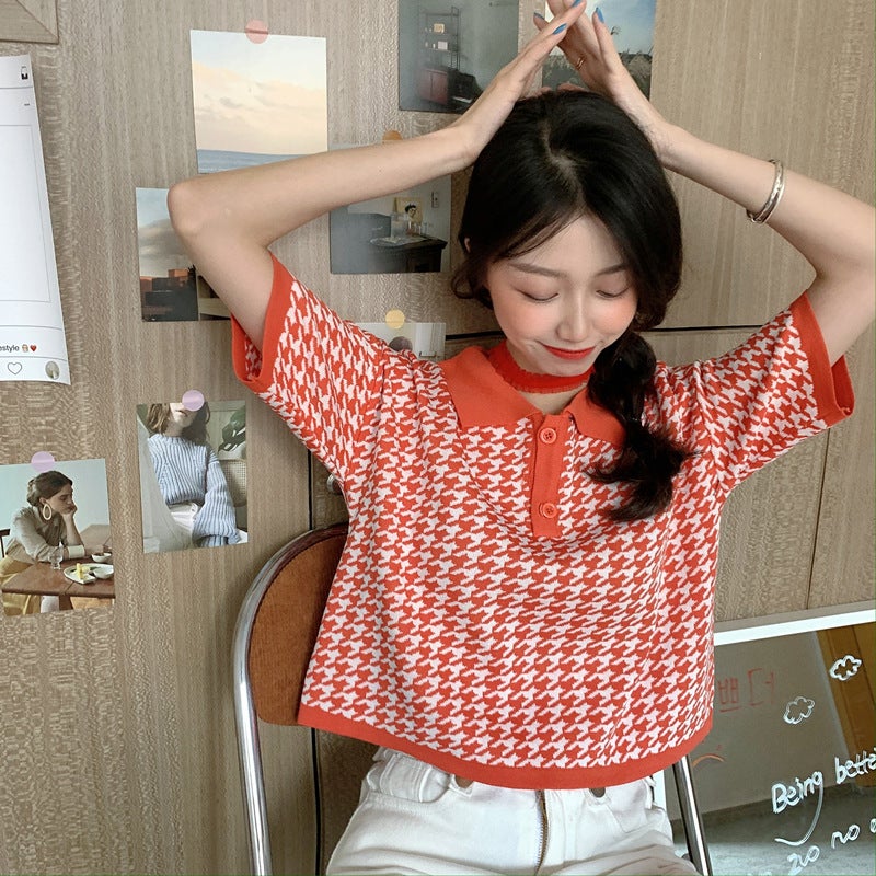 T-Shirt for Women 2025 New Summer Korean Style Design Niche Polo Collar Short Knitted Short-Sleeved Loose Top - Image 1