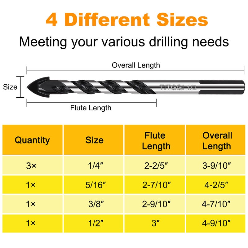 TITGGI 6PCS Masonry Drill Bit Set & Concrete Drill Bit Set 1/4"-1/2" Industrial Strength Carbide Drill Bit Tip for Glass/Brick/Plastic/Cement/Wood/Tile/Etc, by TITGGI - Image 2
