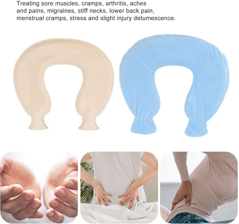 Blue U Shaped Hot Water Bottle 1L with Soft Cover for Neck and Shoulder Warmth in Winter - Image 3