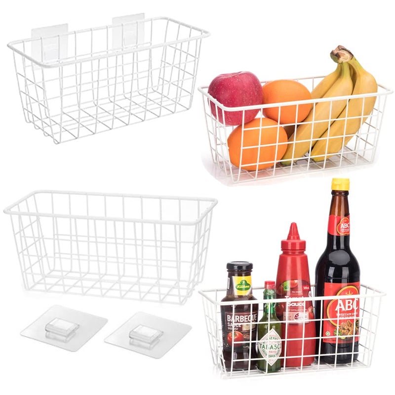 LeleCAT Hanging Kitchen Baskets For Storage Adhesive Sturdy Small Wire Storage Baskets No Drilling Wall Mounted Kitchen Food Pantry Bathroom Shelf Storage  4 PACK White - Image 1