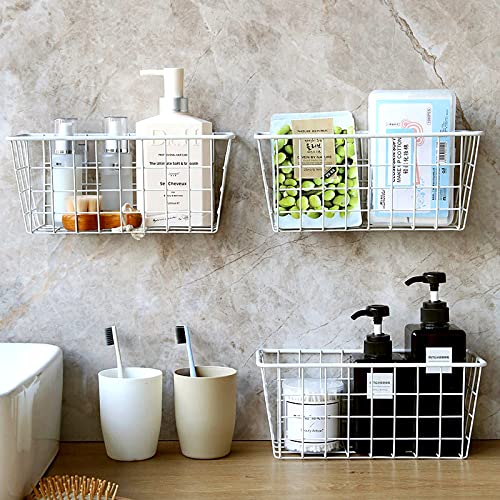 LeleCAT Hanging Kitchen Baskets For Storage Adhesive Sturdy Small Wire Storage Baskets No Drilling Wall Mounted Kitchen Food Pantry Bathroom Shelf Storage  4 PACK White - Image 4