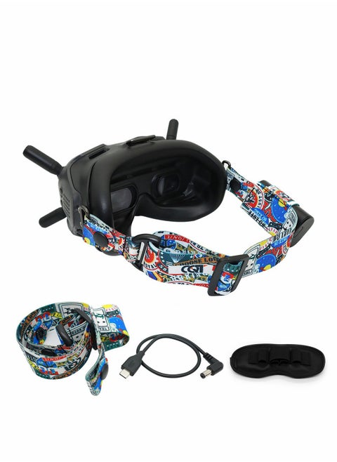 Graffiti Color Goggles Fixed Bandage Headband for DJI FPV Goggles V2 Adjustable Removable Goggles Headband Kit with 30cm Power Cord 3 in 1 Storage Pad Accessories