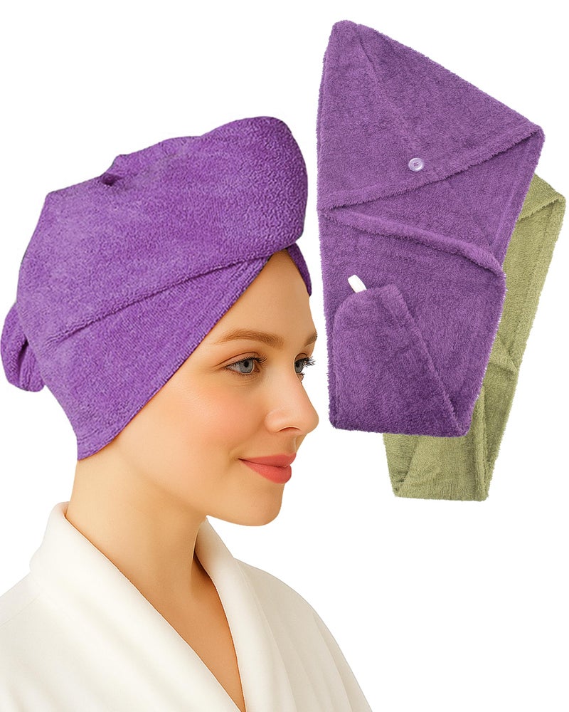 Textila Stores Textila 100% Cotton Hair Wrap Towels for Women (Pack of 2, Plum & Green) â€“ Soft & Absorbent Turban Towels for Long, Curly, Frizz-Prone Hair - Image 1