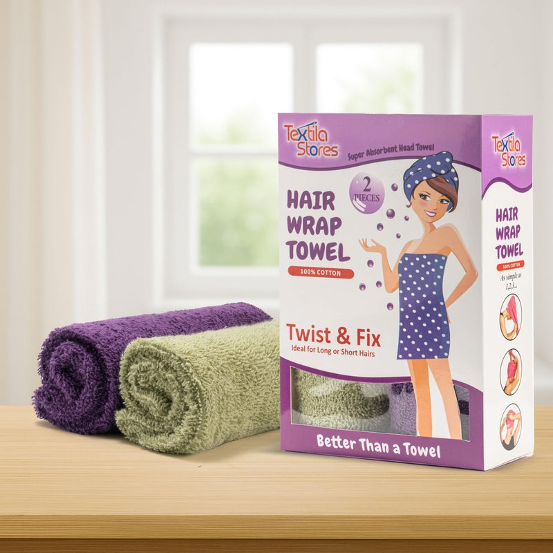 Textila Stores Textila 100% Cotton Hair Wrap Towels for Women (Pack of 2, Plum & Green) â€“ Soft & Absorbent Turban Towels for Long, Curly, Frizz-Prone Hair - Image 2