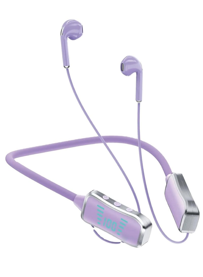 BM50 Bluetooth Neckband Earphones, 90 Hours Playtime, LED Display, TF Card Support Purple - Image 1