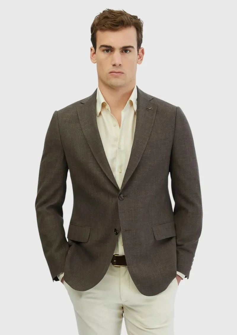 RAMSEY Brown Patterned Regular Fit Silk Blended Jacket