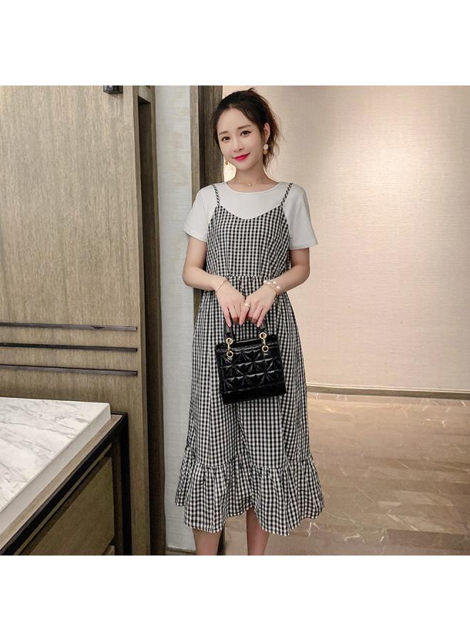 Pregnant Women's Summer New Fashion Net Red Short Sleeve Stitching Plaid Dress Pregnant Women's Summer Fake Two-piece Dress