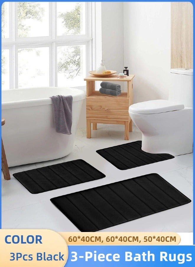 3-Piece Bathroom Rug Set, Simple Striped Coral Velvet Floor Mat, Bathroom Absorbent Non-slip Mat, Household Toilet Three-piece Foot Mat Set for Tub Shower and Bathroom（Black）  - Image 1