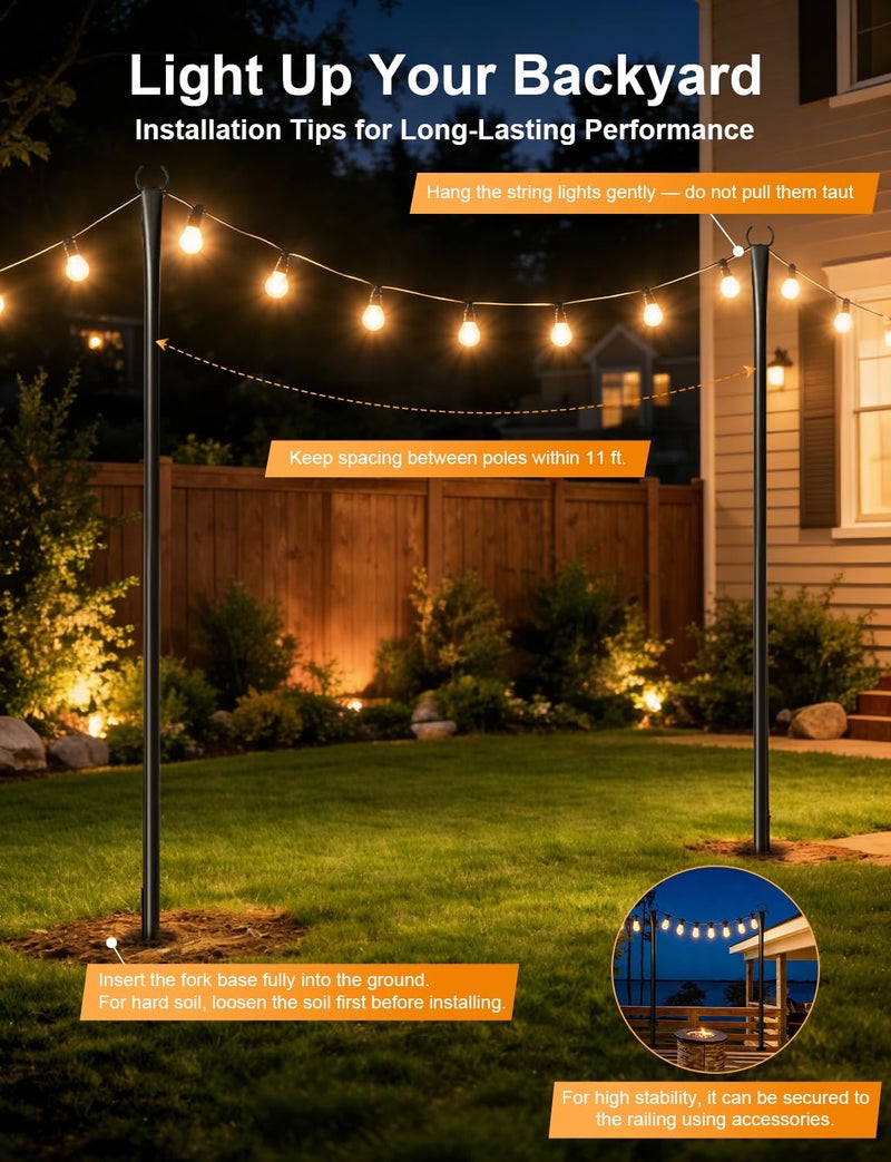 Fussion 4 Pack String Light Poles for Outside, Thickened Metal Christmas Lights Hanger Pole Outdoor with Fork, Lighting Hanging Post Accessories for Patio Decor Garden Backyard Yard Outside Decorations - Image 5