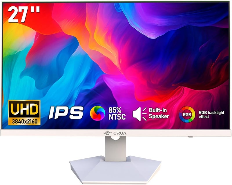 CRUA 27 inch 4K 60Hz Gaming Monitor iPS Flat Display Screen UHD(3840x2160P) 120% sRGB,HDR,Built-in Speaker, RGB Backlight,Suitable for home, office, video and picture design White - Image 1