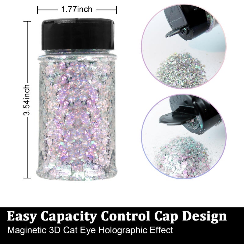 Renfio Holographic Chunky Glitter,1.76oz/50g Silver Iridescent Resin Glitter,Chameleon Fine Powder Mixed Chunky Hexagon Sequins for Snowglobe Tumblers,Expoy Resin,Crafts,Festival Decoration,Nail,Slime - Image 2