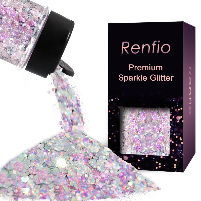 Renfio Holographic Chunky Glitter,1.76oz/50g Silver Iridescent Resin Glitter,Chameleon Fine Powder Mixed Chunky Hexagon Sequins for Snowglobe Tumblers,Expoy Resin,Crafts,Festival Decoration,Nail,Slime - Image 1