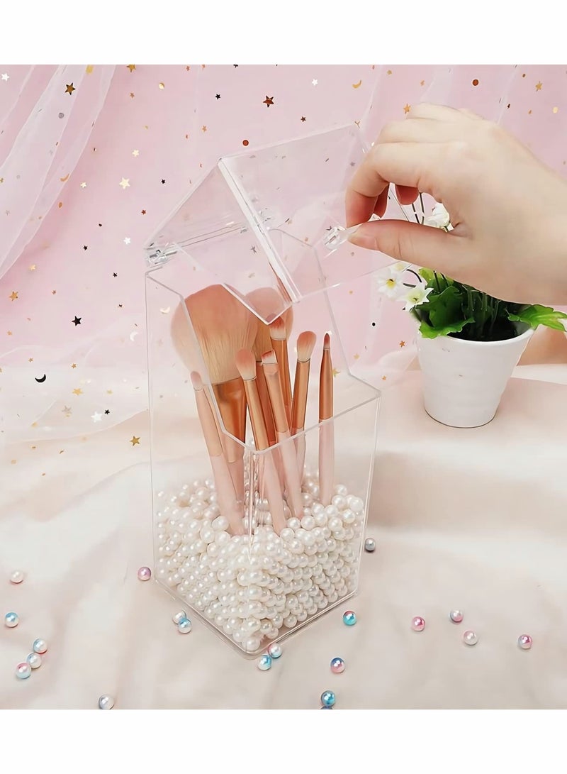 Excefore حامل فرش المكياج مع غطاء مقاوم للغبار، منظم مكياج أكريليك شفاف مع لؤلؤة بيضاء مجانية، صندوق تخزين بسعة كبيرة - Image 4