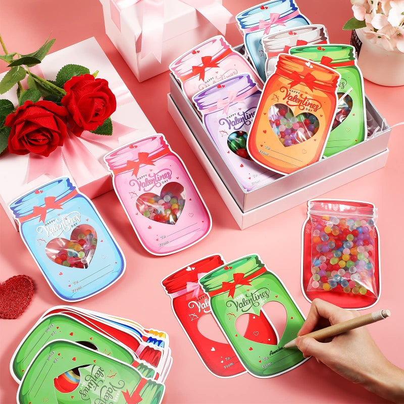 Funrous 60 Set Valentine's Day Cards Bulk Valentines Mason Jars Cards for School Classroom Party Favors Candy Holder Exchange Gifts Supplies(Hollow Heart) - Image 4