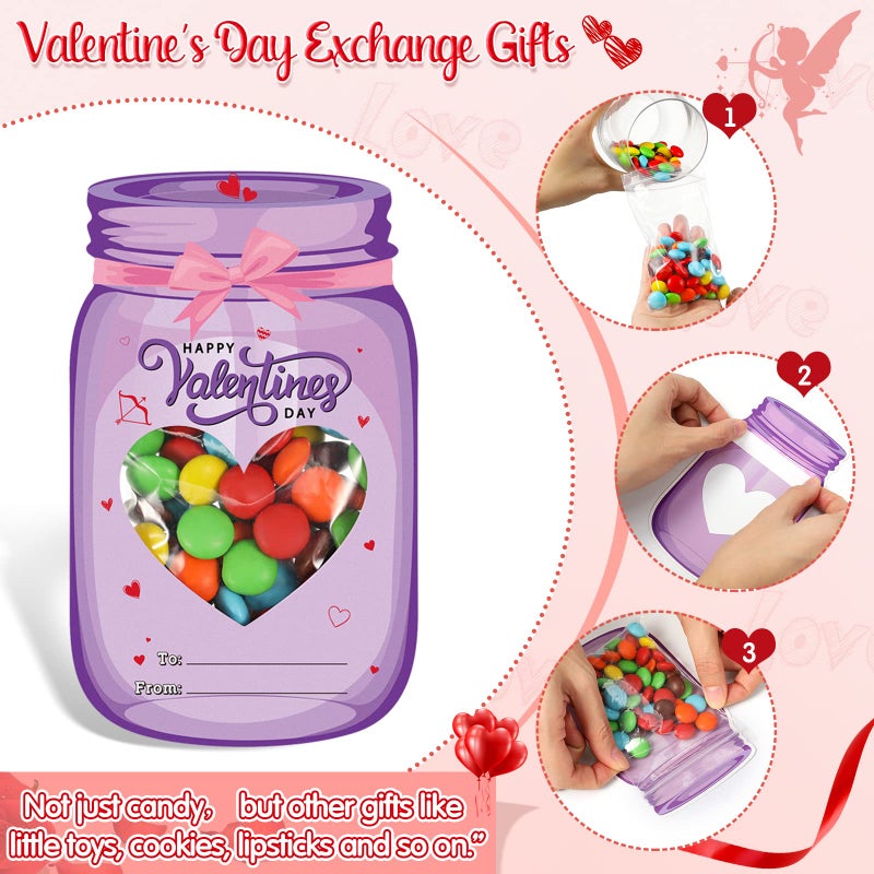 Funrous 60 Set Valentine's Day Cards Bulk Valentines Mason Jars Cards for School Classroom Party Favors Candy Holder Exchange Gifts Supplies(Hollow Heart) - Image 3