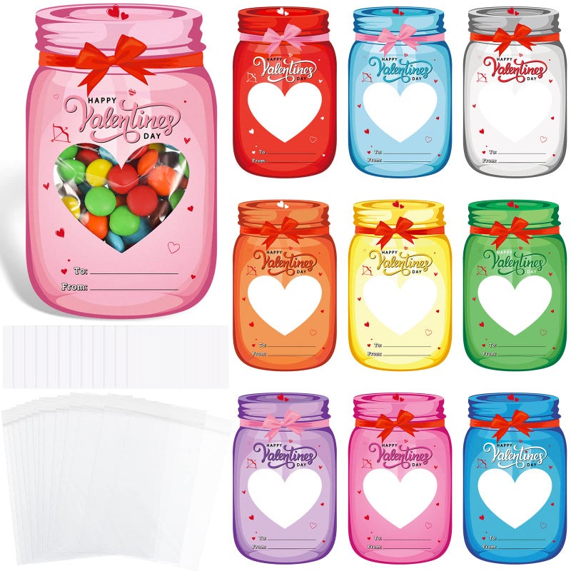 Funrous 60 Set Valentine's Day Cards Bulk Valentines Mason Jars Cards for School Classroom Party Favors Candy Holder Exchange Gifts Supplies(Hollow Heart) - Image 1