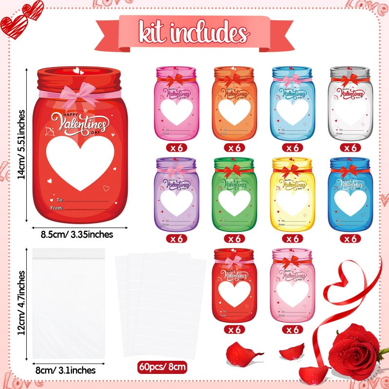 Funrous 60 Set Valentine's Day Cards Bulk Valentines Mason Jars Cards for School Classroom Party Favors Candy Holder Exchange Gifts Supplies(Hollow Heart) - Image 2