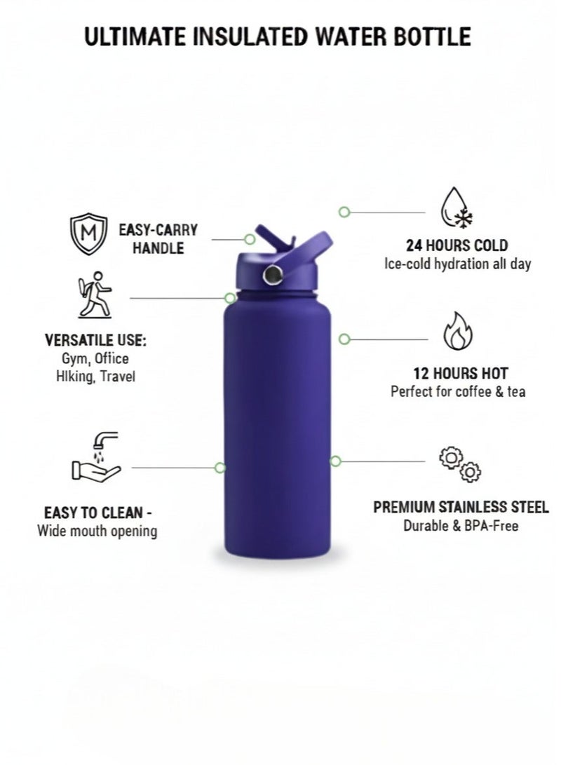 هامزون زجاجة مياه رياضية، زجاجة مياه حرارية معزولة من الفولاذ المقاوم للصدأ مع غطاء من القش، ترمس مزدوج الجدار مانع للتسرب للمشروبات الساخنة والباردة، فوهة واسعة، 500 مل، مثالية للصالة الرياضية والمكتب والمدرسة والتخييم، سافير - Image 2