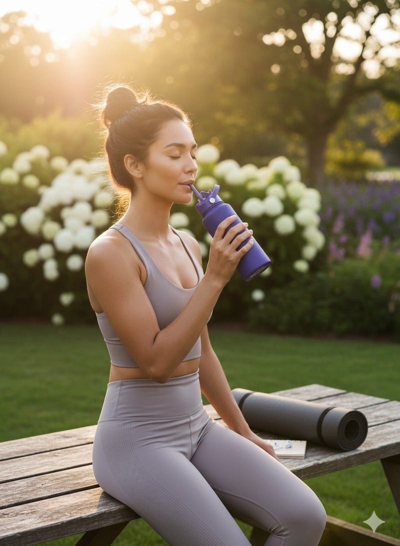 هامزون زجاجة مياه رياضية، زجاجة مياه حرارية معزولة من الفولاذ المقاوم للصدأ مع غطاء من القش، ترمس مزدوج الجدار مانع للتسرب للمشروبات الساخنة والباردة، فوهة واسعة، 500 مل، مثالية للصالة الرياضية والمكتب والمدرسة والتخييم، سافير - Image 4