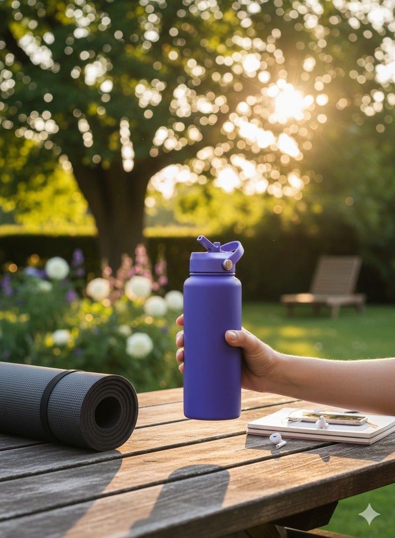 هامزون زجاجة مياه رياضية، زجاجة مياه حرارية معزولة من الفولاذ المقاوم للصدأ مع غطاء من القش، ترمس مزدوج الجدار مانع للتسرب للمشروبات الساخنة والباردة، فوهة واسعة، 500 مل، مثالية للصالة الرياضية والمكتب والمدرسة والتخييم، سافير - Image 3