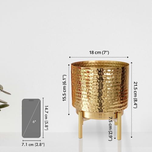 BEHOMA Hammered Metal Indoor Planter for Table Top and Floor | Living Room Drawing Room Balcony Office | Decoration Ideas for Plants | Size Height- 8.5" x Dia. 7" inch, Golden (Plants not Included) - Image 4
