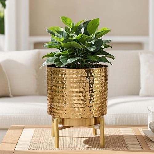 BEHOMA Hammered Metal Indoor Planter for Table Top and Floor | Living Room Drawing Room Balcony Office | Decoration Ideas for Plants | Size Height- 8.5" x Dia. 7" inch, Golden (Plants not Included) - Image 1