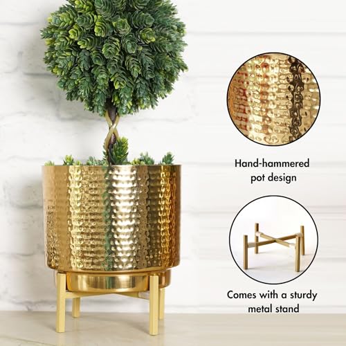 BEHOMA Hammered Metal Indoor Planter for Table Top and Floor | Living Room Drawing Room Balcony Office | Decoration Ideas for Plants | Size Height- 8.5" x Dia. 7" inch, Golden (Plants not Included) - Image 3
