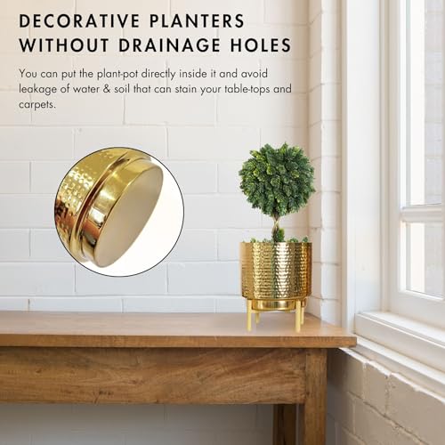 BEHOMA Hammered Metal Indoor Planter for Table Top and Floor | Living Room Drawing Room Balcony Office | Decoration Ideas for Plants | Size Height- 8.5" x Dia. 7" inch, Golden (Plants not Included) - Image 5