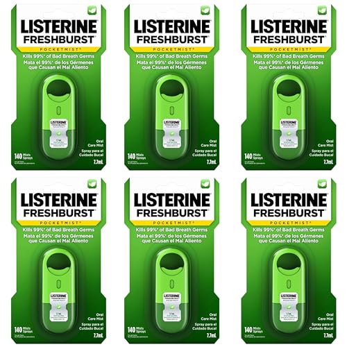 Listerine بخاخ لسترين فريش برست بوكتمست للعناية بالفم، بخاخ منعش للتنفس بنكهة النعناع خالي من السكر، يقتل 99% من جراثيم رائحة الفم الكريهة، محمول، بنكهة النعناع، 6 × 7.7 مل - Image 1