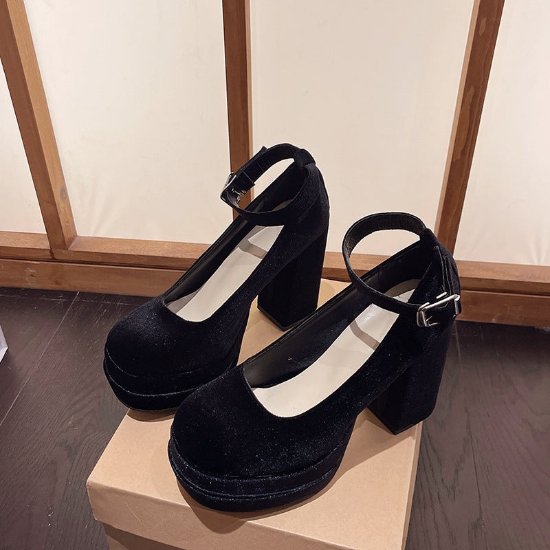 High Heel Mary Jane Shoes Pink French Wedding Shoes Retro Thick Heel Thick Sole Height Increasing Mary Jane Shoes - Image 1