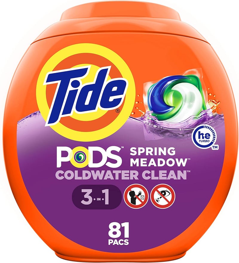 حزم Tide Pods 3 في 1، عبوات منظف ملابس برائحة Spring Meadow، 81 قطعة - Image 1