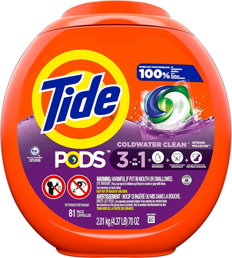 حزم Tide Pods 3 في 1، عبوات منظف ملابس برائحة Spring Meadow، 81 قطعة - Image 2