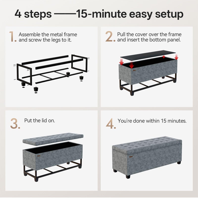 ABHENG Chenille Storage Ottoman Bench with Legs, 43.5â€W x 15.7â€D x 15.7â€H,Metal Frame end of Bed Bench Hold up to 770 LB,Large Storage Chest,Gray UASND621G - Image 5