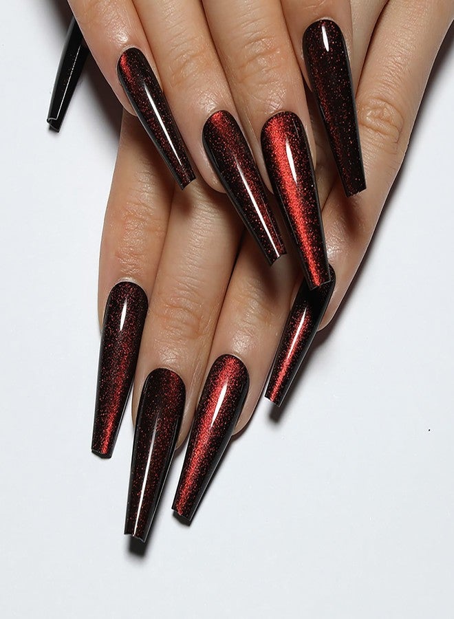 KKUUOO Handmade Press on Nails - Dark Red Fake Nails | Velvet Effect Design Acrylic Nails | Glossy,Glitter,Gradient Color,Reusable Long Nails | 12 Sizes - 24 Nail Kit with Jelly Glue - Image 1