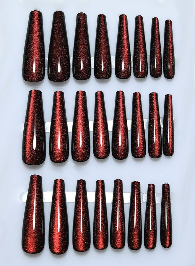 KKUUOO Handmade Press on Nails - Dark Red Fake Nails | Velvet Effect Design Acrylic Nails | Glossy,Glitter,Gradient Color,Reusable Long Nails | 12 Sizes - 24 Nail Kit with Jelly Glue - Image 4