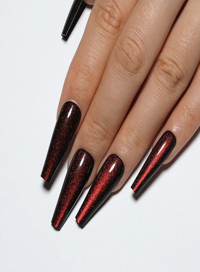KKUUOO Handmade Press on Nails - Dark Red Fake Nails | Velvet Effect Design Acrylic Nails | Glossy,Glitter,Gradient Color,Reusable Long Nails | 12 Sizes - 24 Nail Kit with Jelly Glue - Image 5
