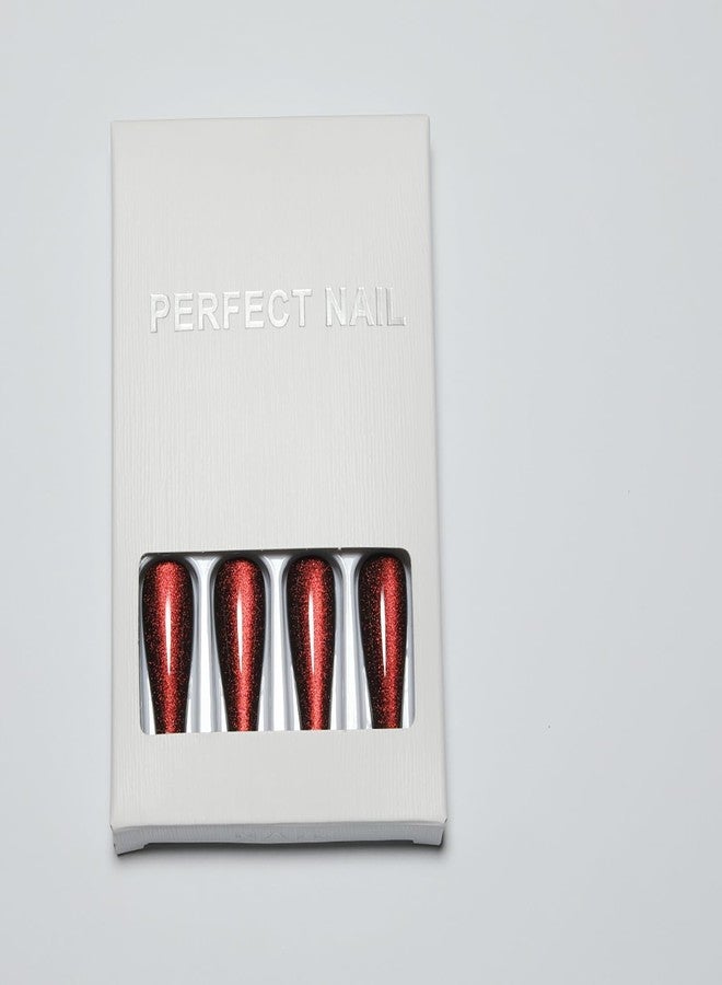 KKUUOO Handmade Press on Nails - Dark Red Fake Nails | Velvet Effect Design Acrylic Nails | Glossy,Glitter,Gradient Color,Reusable Long Nails | 12 Sizes - 24 Nail Kit with Jelly Glue - Image 3