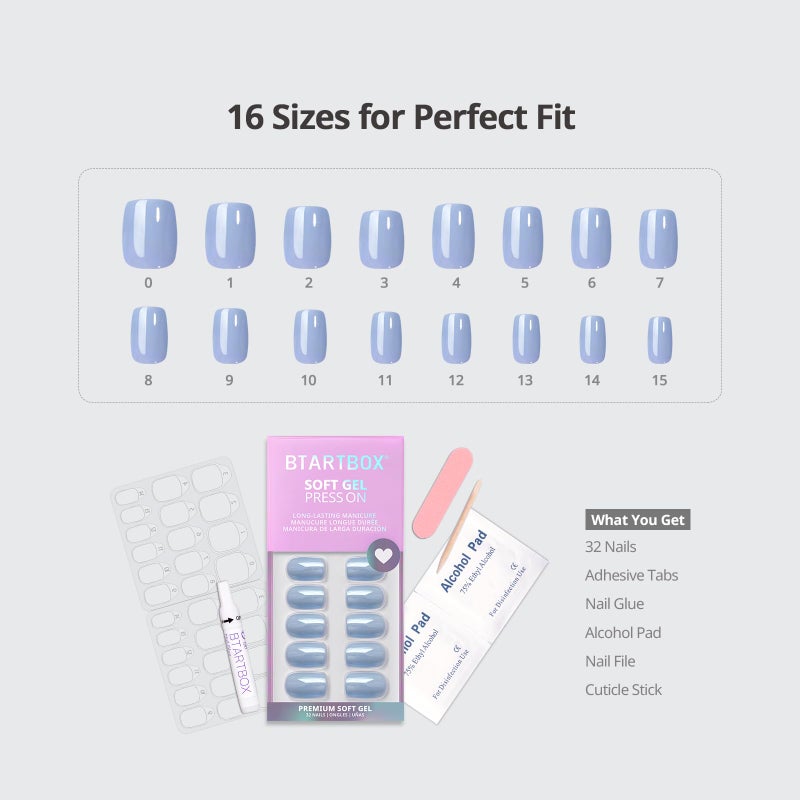 BTArtbox Press On Nails Short - Square Press On Nail, Blue Glossy Nail Tips Glue On Nails with Nail Glue, Reusable Stick On Nails in 16 Sizes - 32 Soft Gel Fake Nails Kit, Ocean Glazed - Image 5
