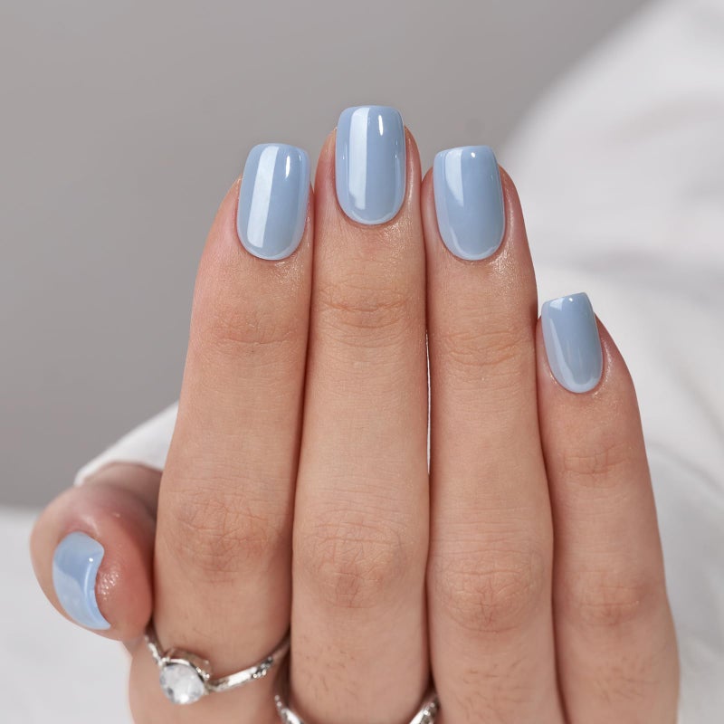 BTArtbox Press On Nails Short - Square Press On Nail, Blue Glossy Nail Tips Glue On Nails with Nail Glue, Reusable Stick On Nails in 16 Sizes - 32 Soft Gel Fake Nails Kit, Ocean Glazed - Image 2