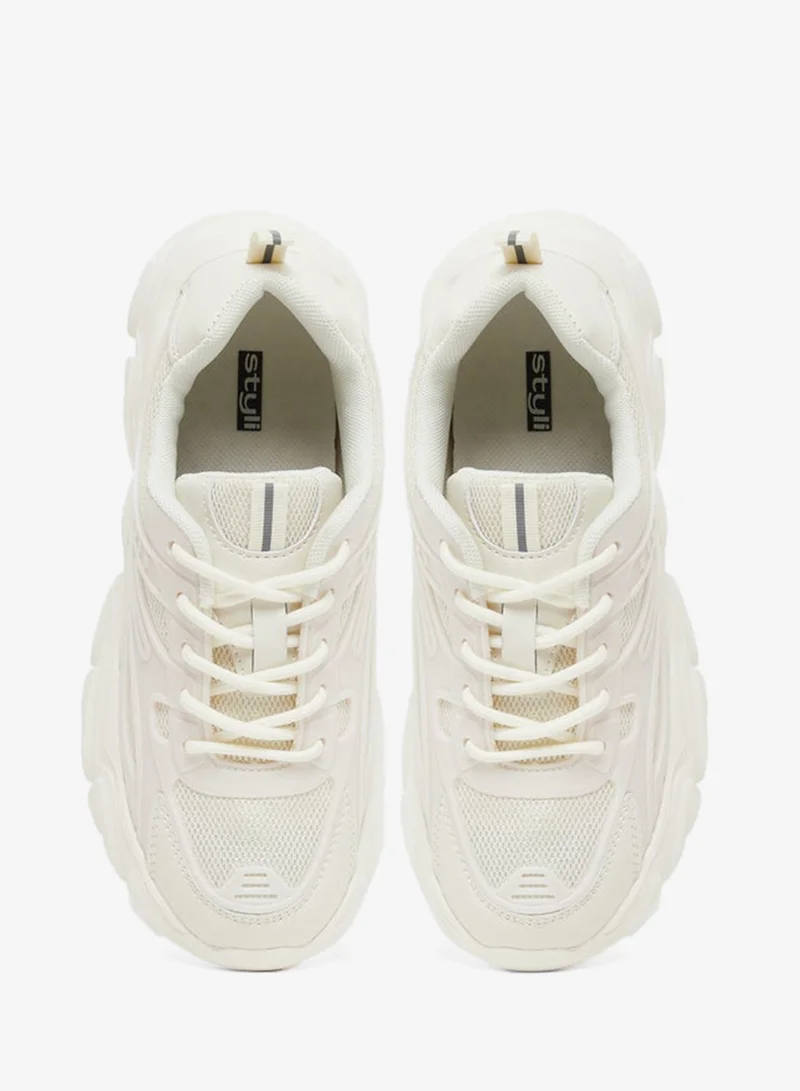 Styli  Chunky Sole Lace Up Panelled Sneakers for Women | Best Price UAE