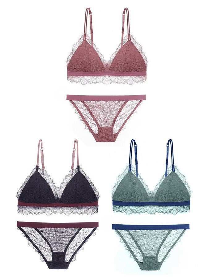 MARGOUN 3 Packs For Women's Large Size Bra and Panty Set Bra Lace Lash Floral Briefs Underwear Triangle Cup Young Girls Underwear Lingerie Bra and Panties Set Multicolour - Image 2
