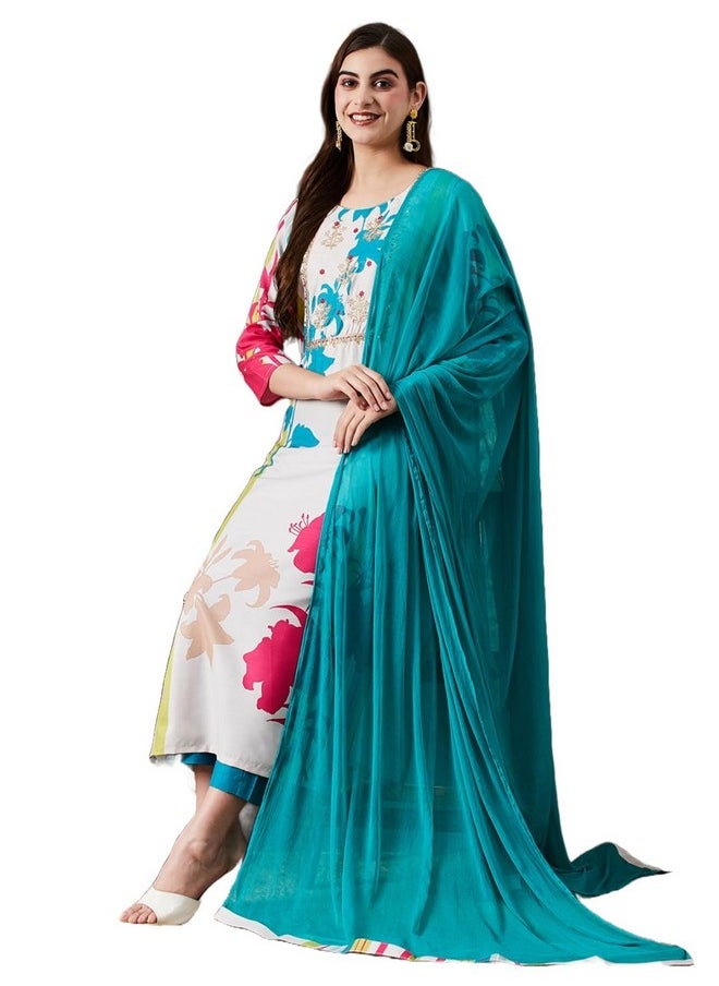 آني ديزاينر - قميص كورتا نسائي من ANNI DESIGNER مطبوع من مزيج القطن مع بنطلون ووشاح (HIBIKI CREAM_M_Cream_Medium) - Image 1