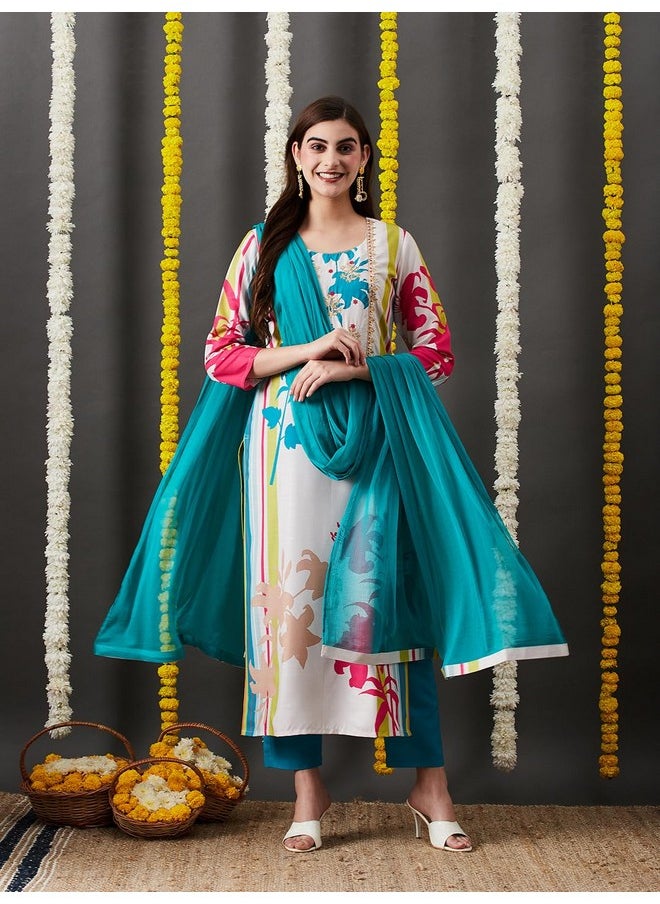 آني ديزاينر - قميص كورتا نسائي من ANNI DESIGNER مطبوع من مزيج القطن مع بنطلون ووشاح (HIBIKI CREAM_M_Cream_Medium) - Image 1